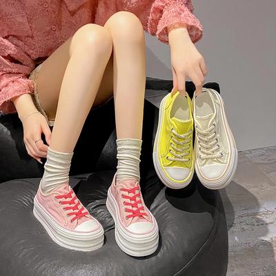 Fashion 2024 New  Women Thick Sole Canvas Shoes Female Low Top Solid Sneakers Breathable Upper Summer Students Elevator Shoes