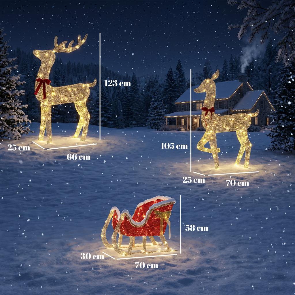 Christmas Reindeer Outdoor with 3-Piece 3D Sleigh with 200 Warm White LED Lights 8 Modes and Timer