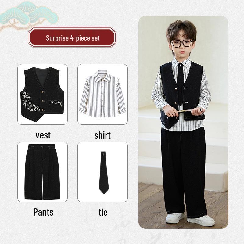 Spring Embroidered Hanfu Vest Set for Boys - Traditional Style Recitation & Performance Outfit