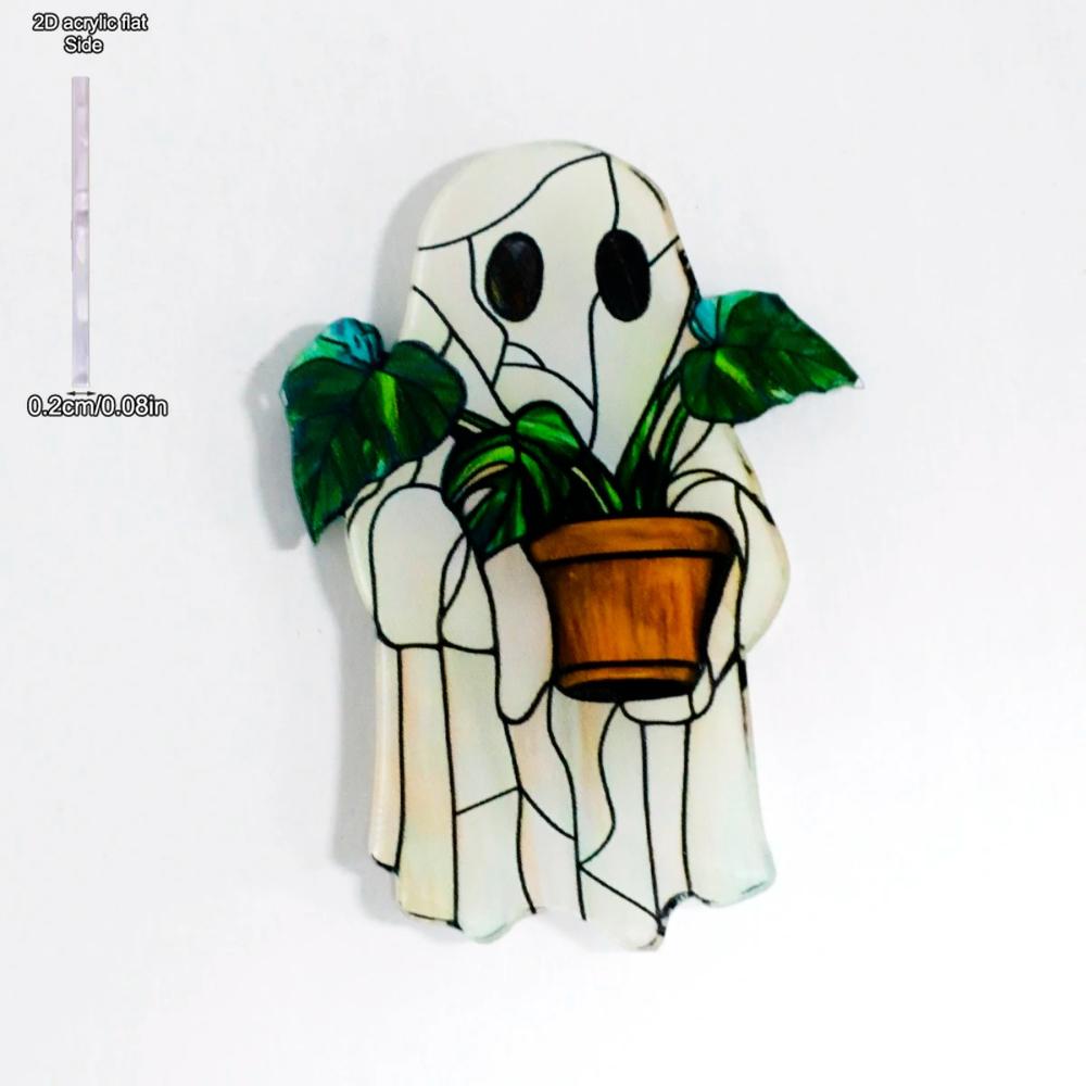 1pc Halloween Ghost Acrylic, Cute Ghost Holding Potted Plant Design, Four Seasons Decoration, Novelty Home Decor, Perfect Durable for Bedroom