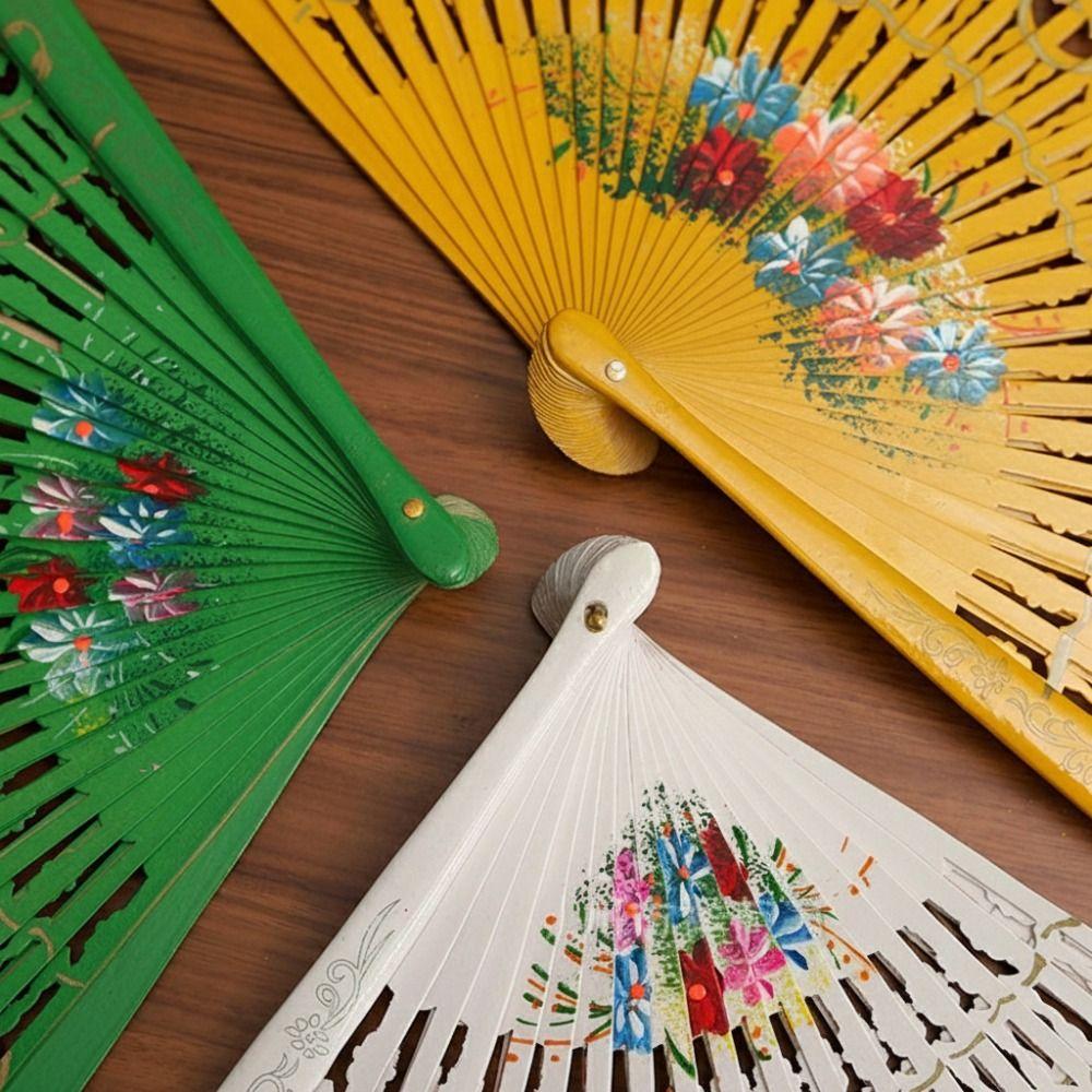 Colorful Hand Painted Fan Wooden Chinese Vintage Fan Portable Spanish Wood Fan  Home Decor