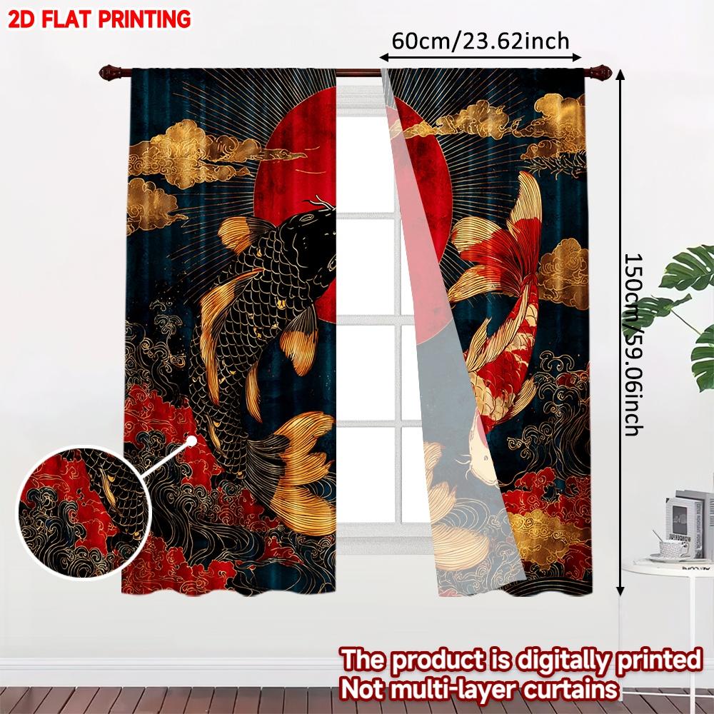 Set Of 2 Koi Fish Curtains Flat Digital Print Japanese Asian Style Red Black Carp Gold Clouds Sun Living Room Curtain Polyester Ideal For Sitting