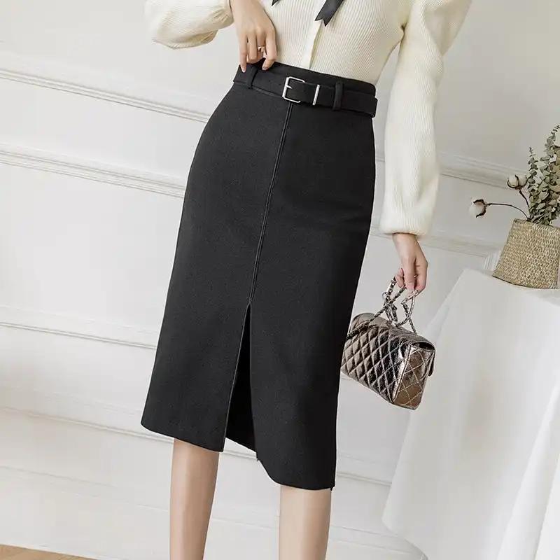 Gonna da Donna Autunno Inverno a Mezza Lunghezza, Colore Unito, in Lana, Slim, Linea ad A, Vita Alta, Lunghezza Media, Spacco sul Fianco