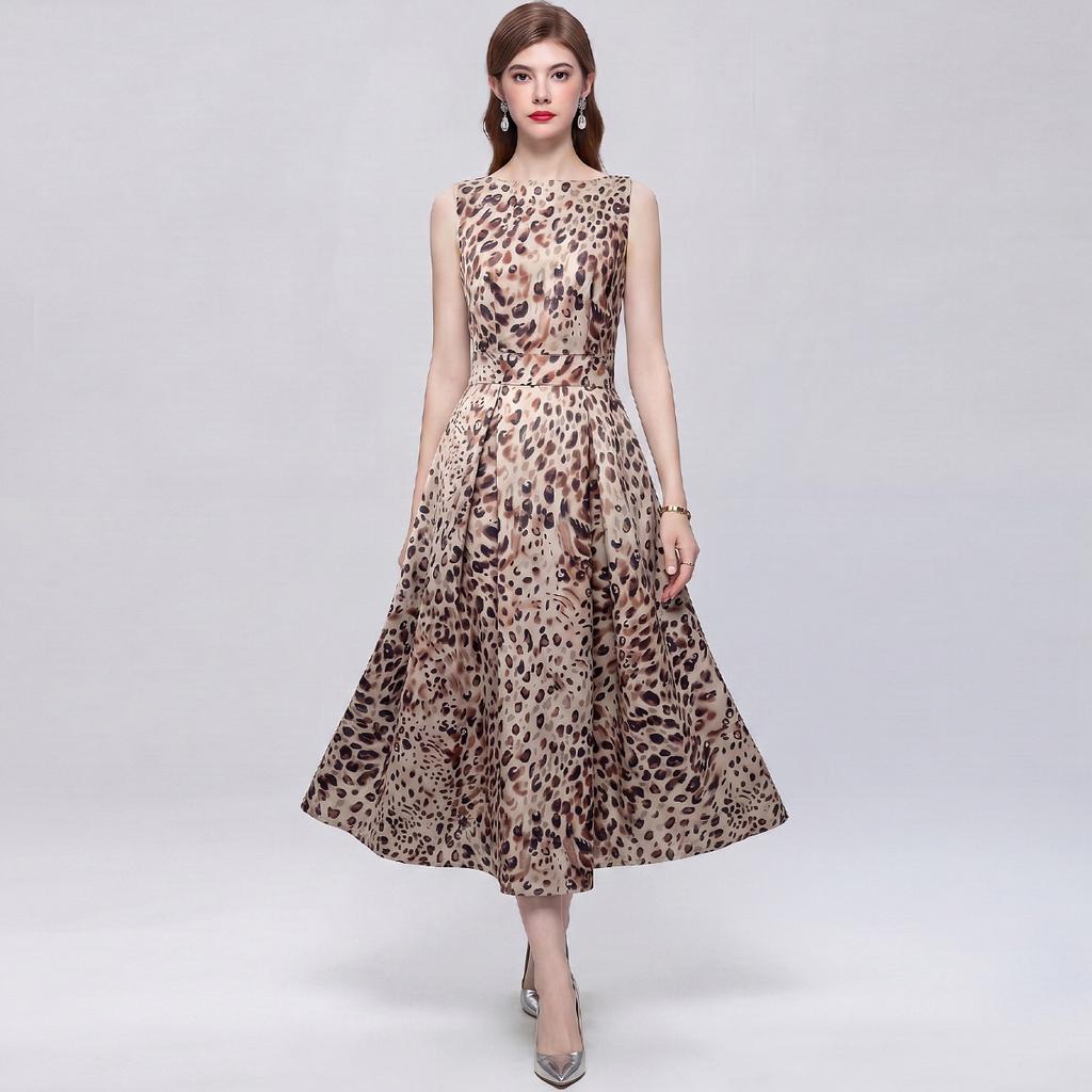 Elegant Sleeveless Leopard Print Summer Dress Women's Round Neck Three-Dimensional Cutting Drapped Slim Party Dresses Robes