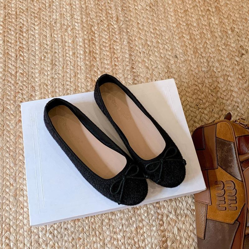Leopard Print Leather Horsehair Round Head Bow Light Mouth Flat Sole Shoes Versatile Comfortable Ballet Women's Shoes