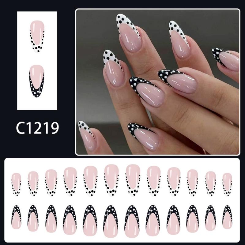24PcsABS Press On Nail Minimalist French Manicure Polkas Dots Patterns Quick Stick Art False Nail For Busy Ladies