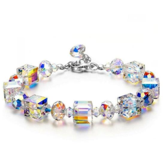 Damen-Armband mit Kunstwürfel-Quarzperlen, verstellbar, transparent, Schmuck, Geschenk