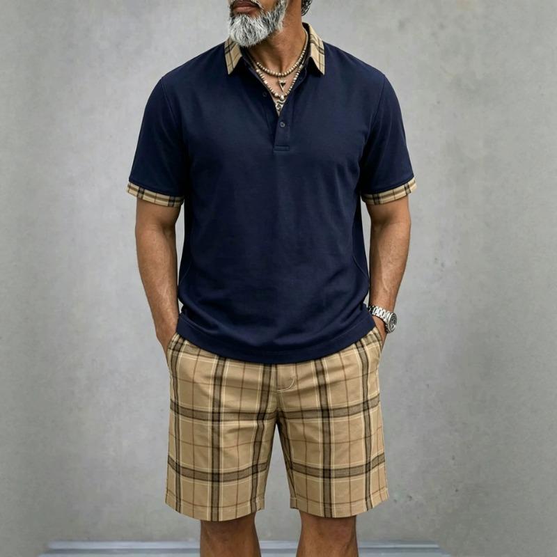 Men Casual Plaid Short Sleeve Polo Shirt And Shorts Outdoor Sports Set