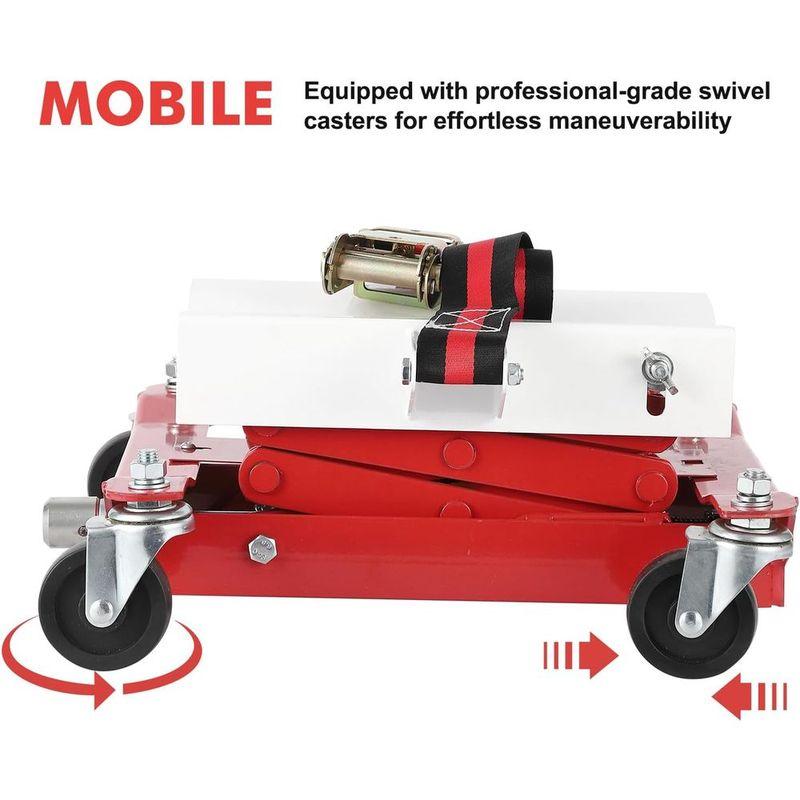 Compact 450 lbs Capacity Transmission Jack, Adjustable Height 7-23, 4-Wheel Auto Lifting Jack with Safety Straps