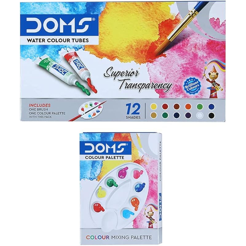 Doms Non-Toxic Water Colour Tube Set in Cardboard Box (12 Assorted Shades, 1 Paint Brush & 1 Palette)