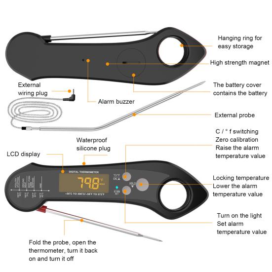 1 sada Cooking Thermometer Vodotěsný Dvojitá sonda ABS Průhledný Digitální displej Masový teploměr Kuchyňské doplňky