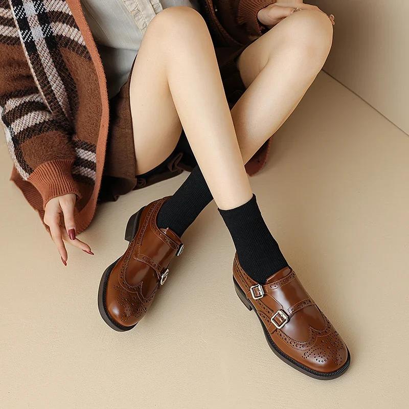 Fashion NEW Spring/Autumn Women Loafers Round Toe Chunky Heel Shoes Shoes for Women Belt Buckle Women Pumps Brogue Shoes Genuine Leather
