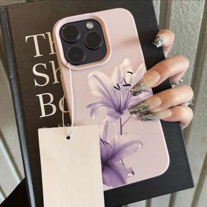 

Purple Lily Flower Pattern Lychee Texture Silicone Phone Case For iPhone 11 12 13 14 15 16 17 Pro Max 14 Plus 17Air Soft Cover iPhone X