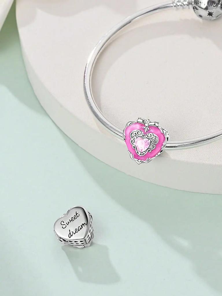 Copper Plated Original Charms Valentine'S Day Pink Heart Beads Fit Bracelet Women'S Jewelry Gift