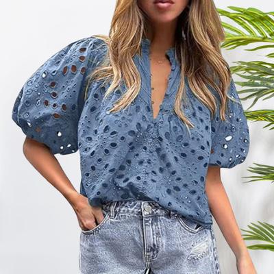 Yousheng Damen Hemd Stehkragen V-Ausschnitt Puff Kurzarm Hemd Durchbrochenes Gesticktes Blumenmuster Spitzenbluse Lässige Elegante Oberteile