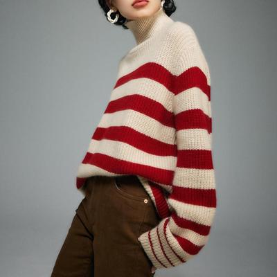 Knitted Sweater Women's Fall and Winter Striped Lazy Wind Warm Half-high Neck Loose Pullover Sweater Comfortable and Versatile Elegant Woman