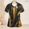 Women Plus Size Black Gold Geometric Printed Scrub Top V Neck Short Sleeve With Front Pockets