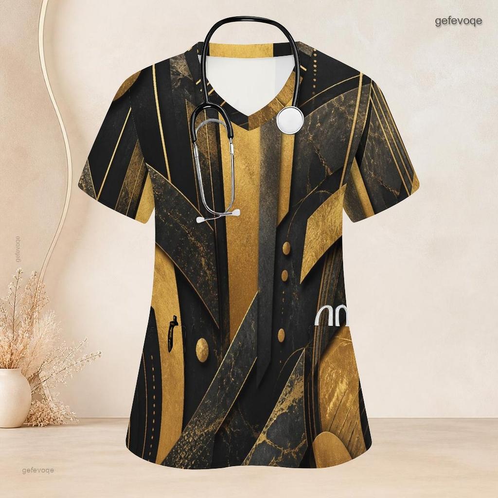 Women Plus Size Black Gold Geometric Printed Scrub Top V Neck Short Sleeve With Front Pockets