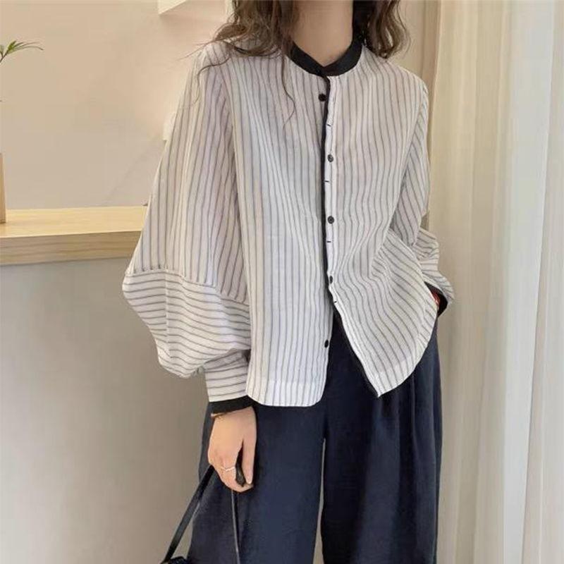 women striped blouse round neck button front lantern sleeve casual loose fit shirt S