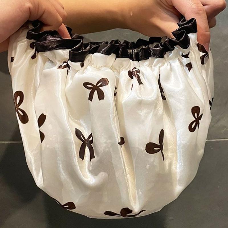 Double-Layer Shower Cap Waterproof New Fashion Bow Pattern Reusable Bathing Hat Kitchen Oil-proof Sanitary Hat