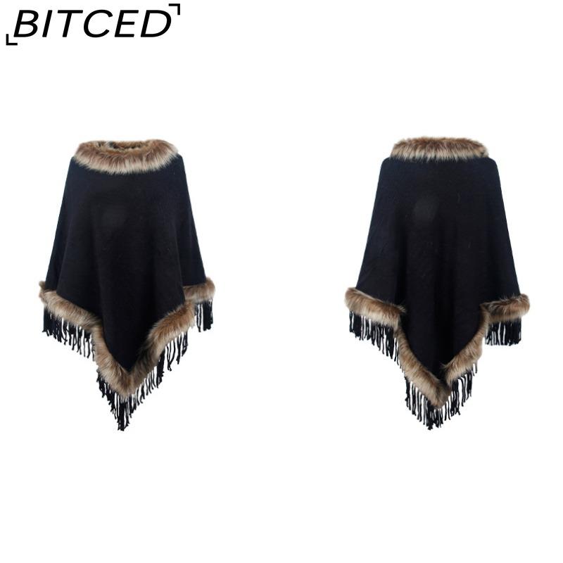 BITCED Knitted Fringe Cape for Women - Autumn/Winter Solid Colour Oversized Pullover Shawl Coat
