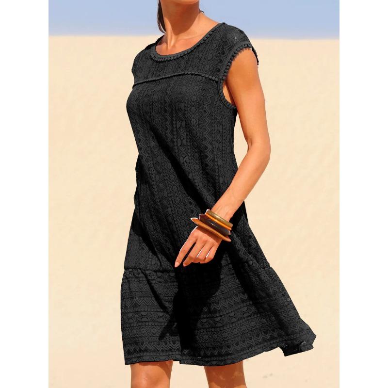 Summer New Style Beach Vacation Fashion Round-neck Lace Sleeveless Dress S чёрный