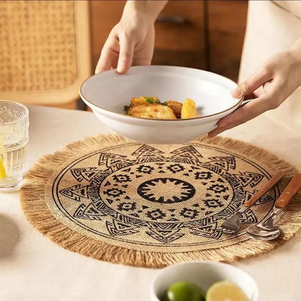 Vintage 36/38cm Round Placemat Heat Resistant Washable Braided Place Mats Non-Slip with Tassels Cup Coaster Mat Dining Table