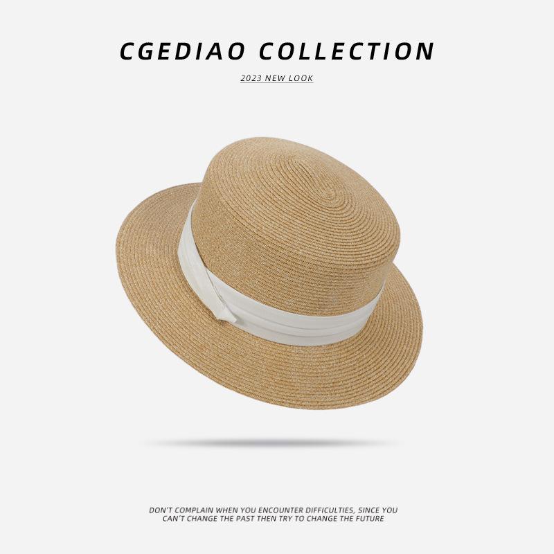 Flat Top Straw Hat Women'S French Straw Top Hat Summer Big Brim Sun Hat Seaside Vacation Sun Hat