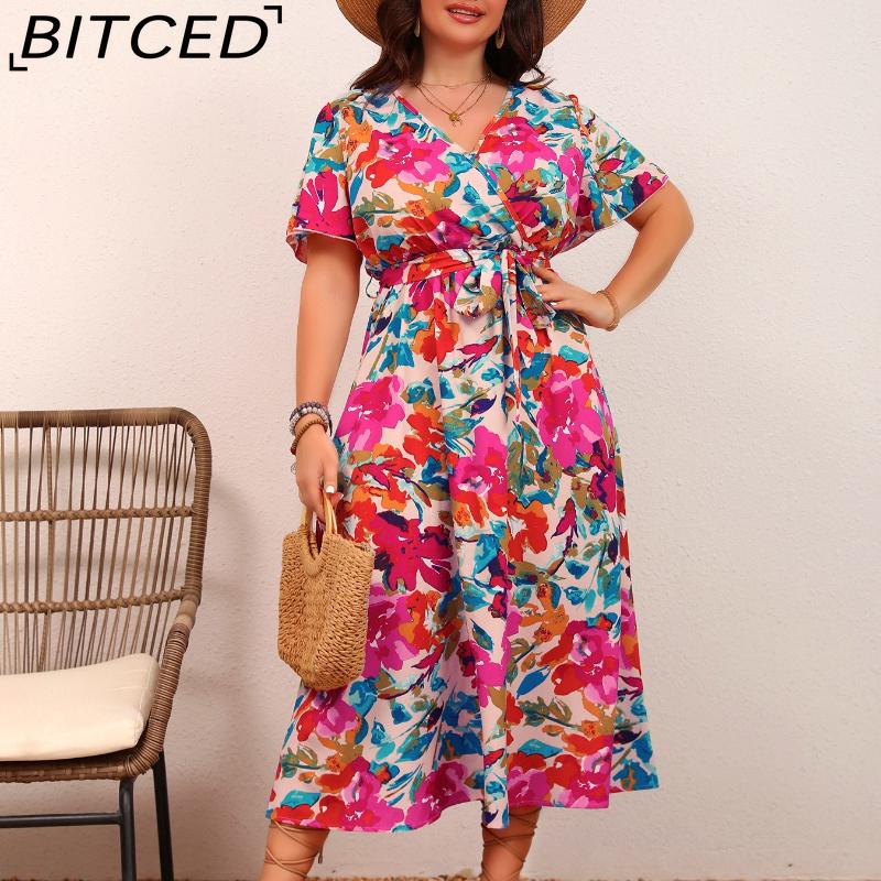 BITCED Plus Size Women's Elegant V-Neck Waist-Defining Slimming Tie-Waist A-Line Floral Print Dress
