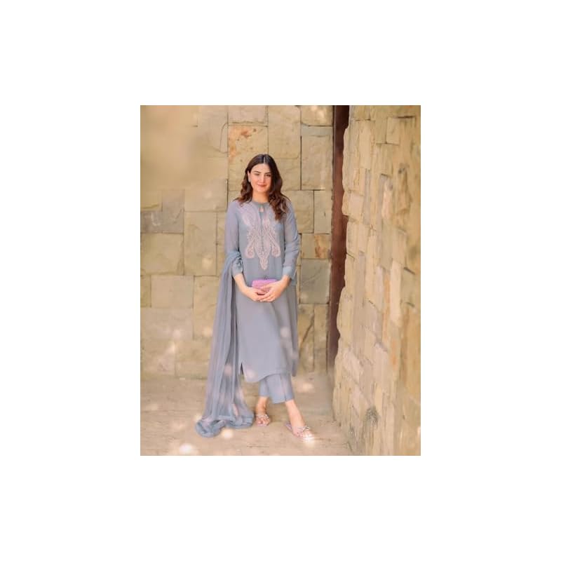 ANNI DESIGNER Women' Cotton Blend Embroidered Straight Kurta with Pant & Dupatta (Gudali Blue Blue Large)