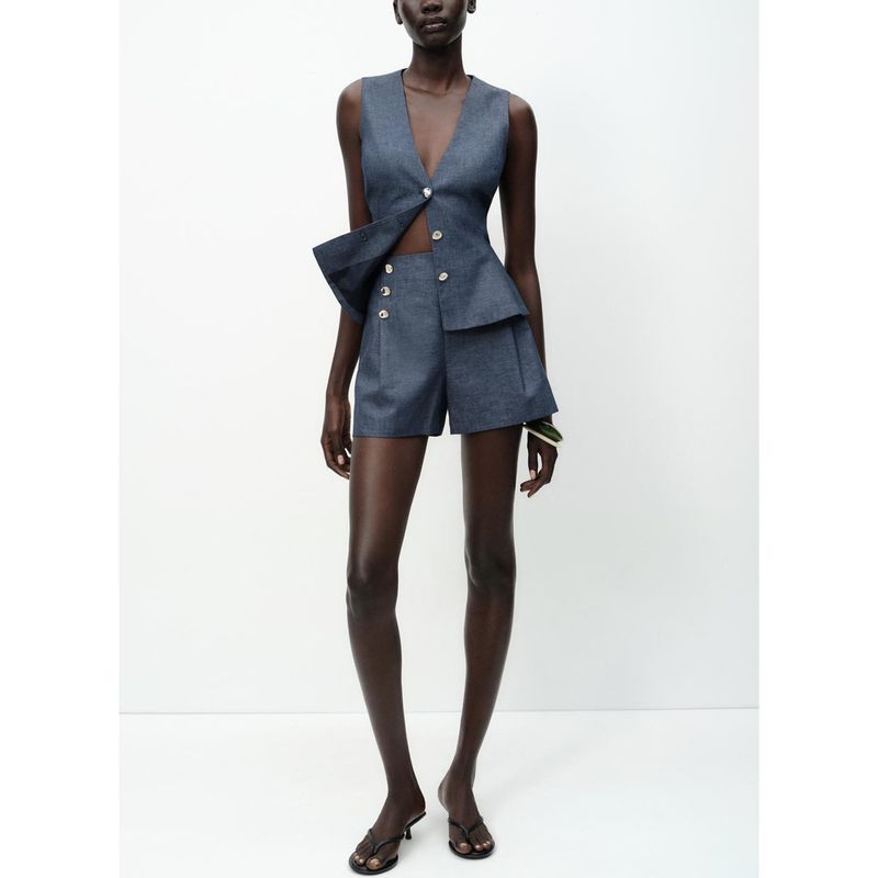 Linen Blend Vest 3679785 Casual Shorts 3680785 Button Decoration Wide Leg Pants 7935785