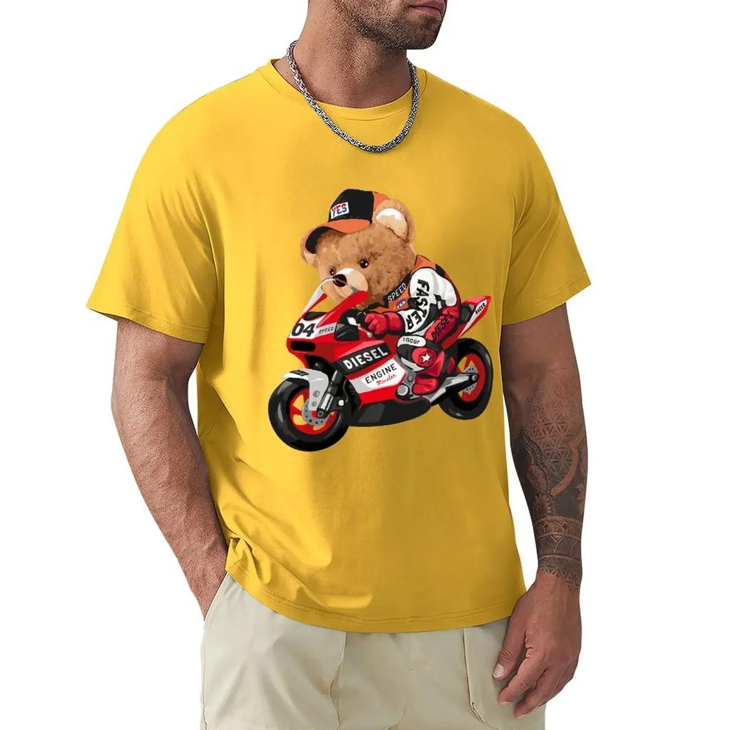 Cute Teddy Bear Riding Motorcycle T Shirt Harajuku Short Sleeve T-shirt 100% Cotton Graphics Tshirt Tops