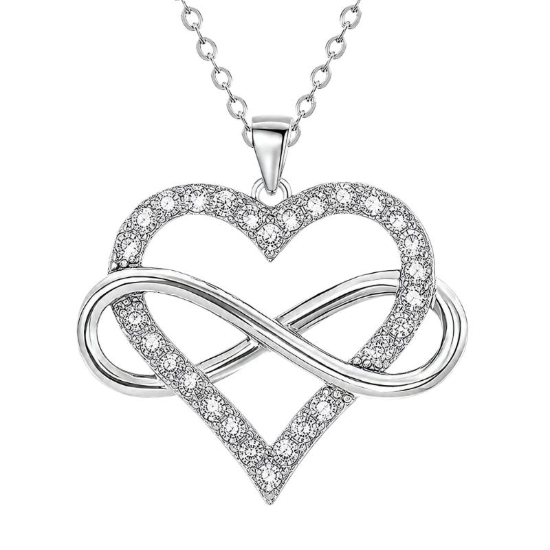 Zircon Heart Pendant Necklace with Smooth Figure-Eight Form, Polished Alloy Construction Neckchain, and Electroplated Finish