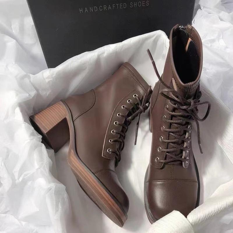 Fashion Women's Coarse Heel Fashion Rear Zipper Ankle Boots Round Head Lace-up Short Boots Women Temperament Soft Sole Boots Botas Mujer