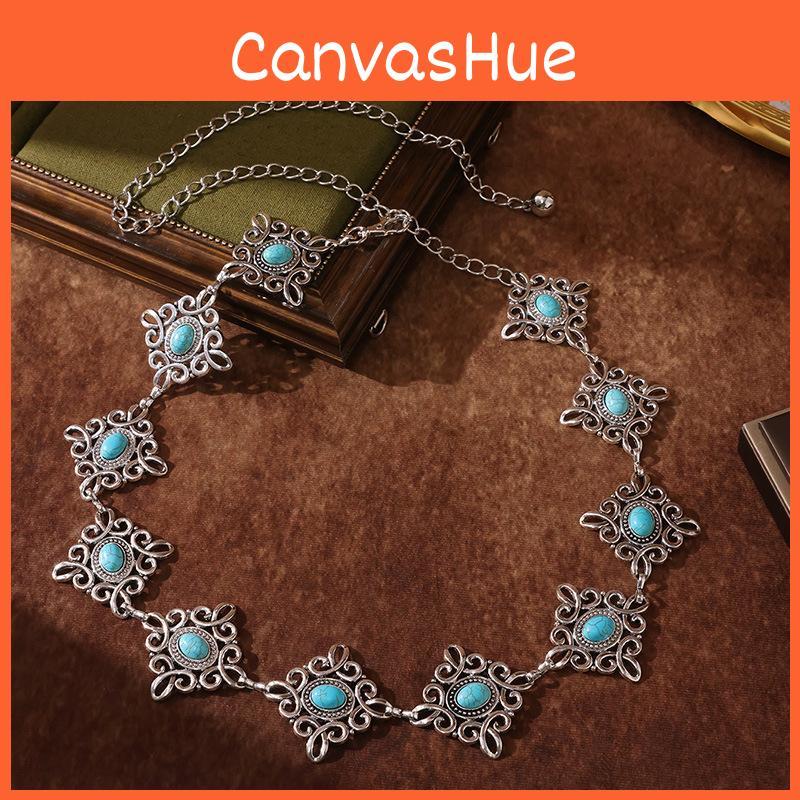 Chinese Knot Metal Waist Belt With Carved Palace Pattern And Turquoise For Adult Women