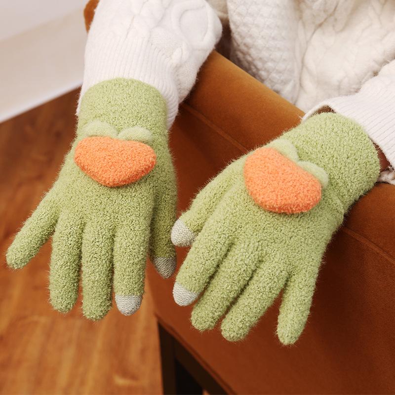 Autumn and Winter New Gloves Female Cycling Warm Winter Velvet Thickened Five Fingers Cute Peach Ins Wind