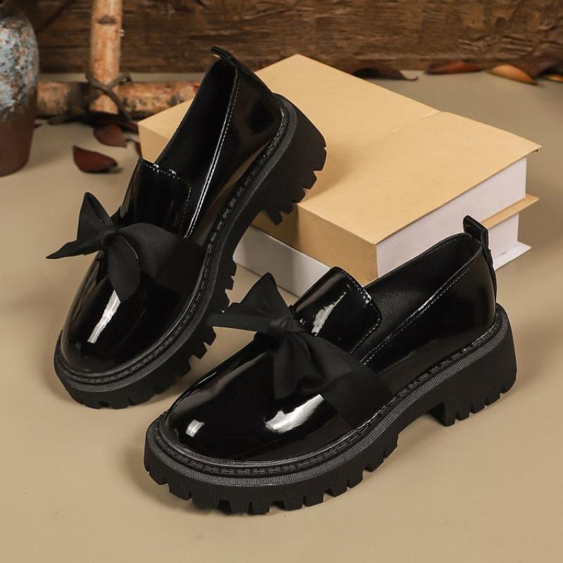 Fashion 2025 Spring Bowknot Platform Loafers Women Black Faux Leather Slip On Flats Shoes Woman College Style Thick Sole Dress Shoes