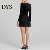 Long Sleeve Mini Dress Women Square Collar Beaded Flower Decor Formal Short High Waist Above Knee Length