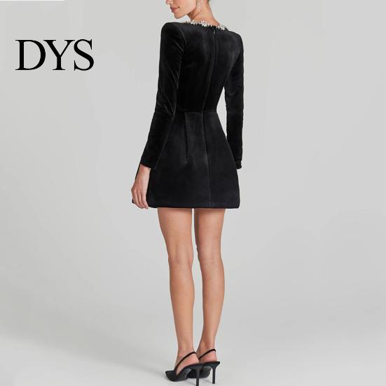 Long Sleeve Mini Dress Women Square Collar Beaded Flower Decor Formal Short High Waist Above Knee Length