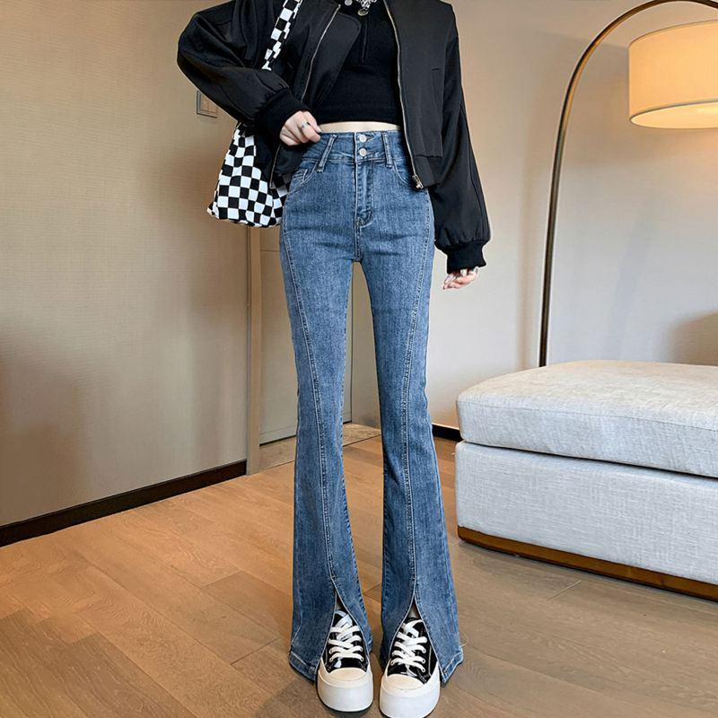 Women's High-Waist Retro Slit Denim Jeans - Petite Skinny Cropped Flare for Autumn/Winter 2022