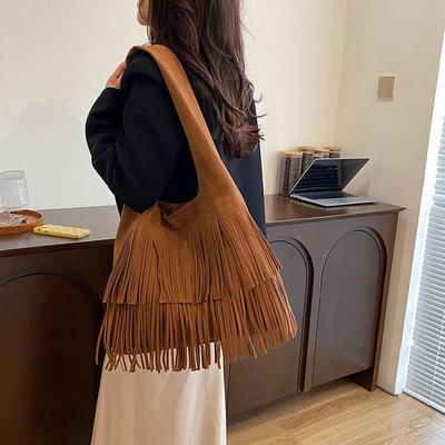 2025 Herbst Böhmisch Retro Braun Wildleder Quaste Umhängetasche für Damen