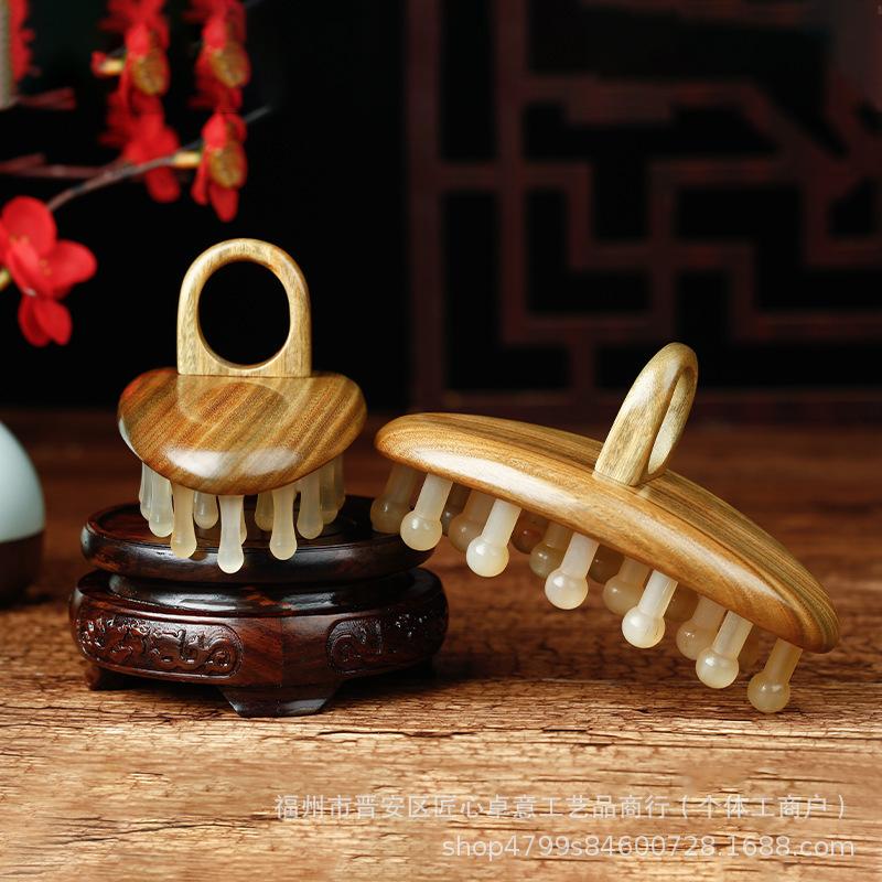 Sandalwood Horn Serrated Ring Massage Comb for Full Body Meridian Therapy