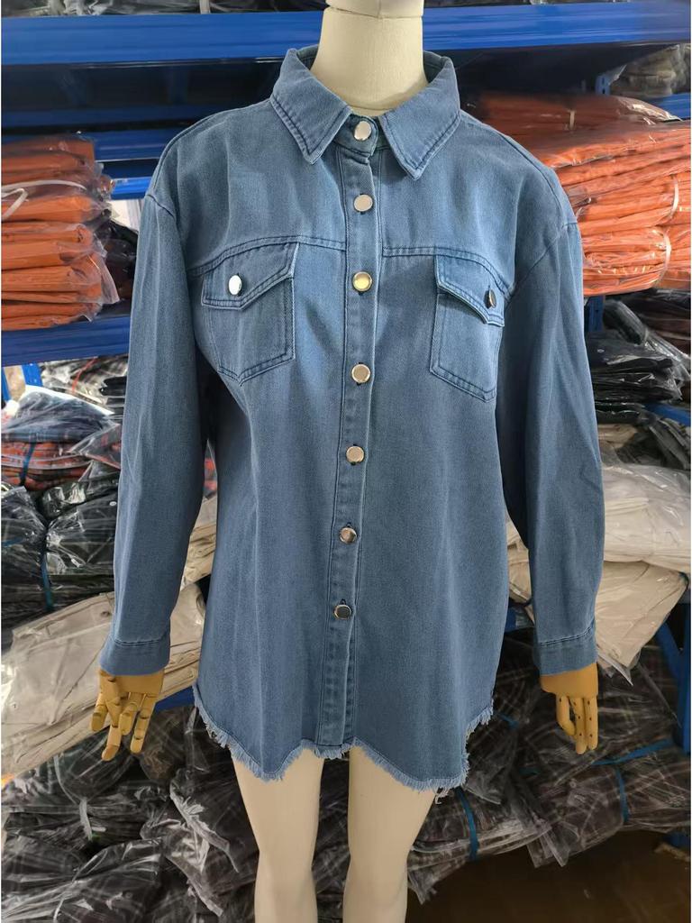 Women's Frayed Hem Denim Shirt Jacket - European & American Street Style for Autumn/Winter.