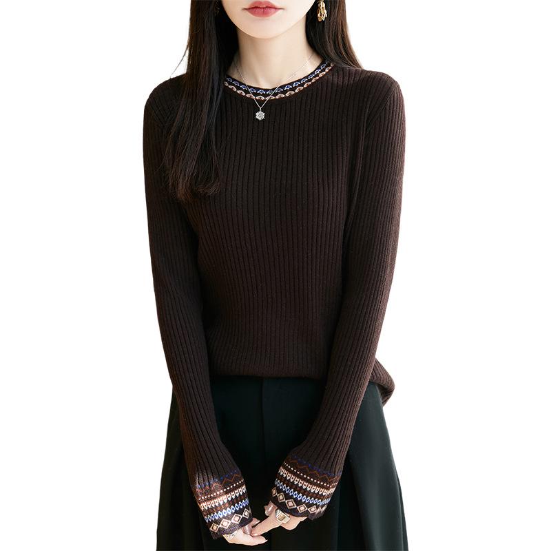 Women's Ethnic Style Knitted Sweater - Autumn/Winter Ribbed, Slimming, Round Neck Base Layer
