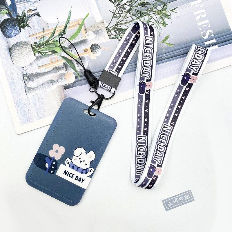 Estuche deslizante de dibujos animados Kawaii, etiqueta de identificación, funda para permiso de trabajo, funda con estampado de oso y conejo, soporte para tarjeta con nombre de permiso de trabajo