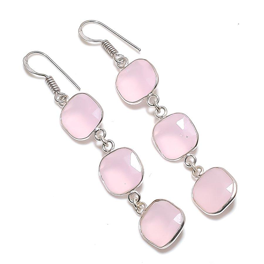 

Серьги ручной работы из стерлингового серебра 925 пробы с натуральным розовым халцедоном 2,56 дюйма v2V55