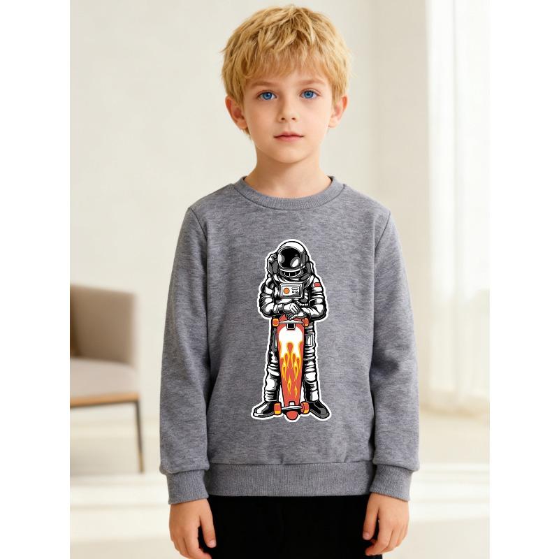 European sizes Kids' Fashion Crew Neck Pullover, Long Sleeve Top with Cartoon Astronaut Print, Suitable for Casual Wear and Outdoor Activities