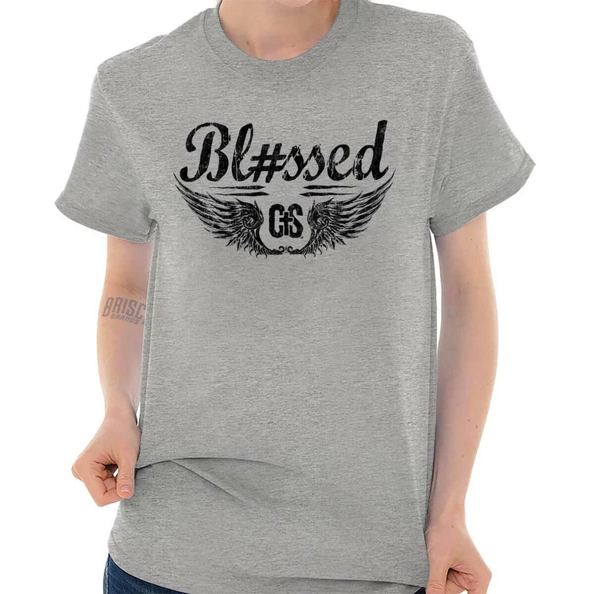 Christian Strong Hashtag Blessed Angel Wings Womens or Mens Crewneck T Shirt Tee XXXXL