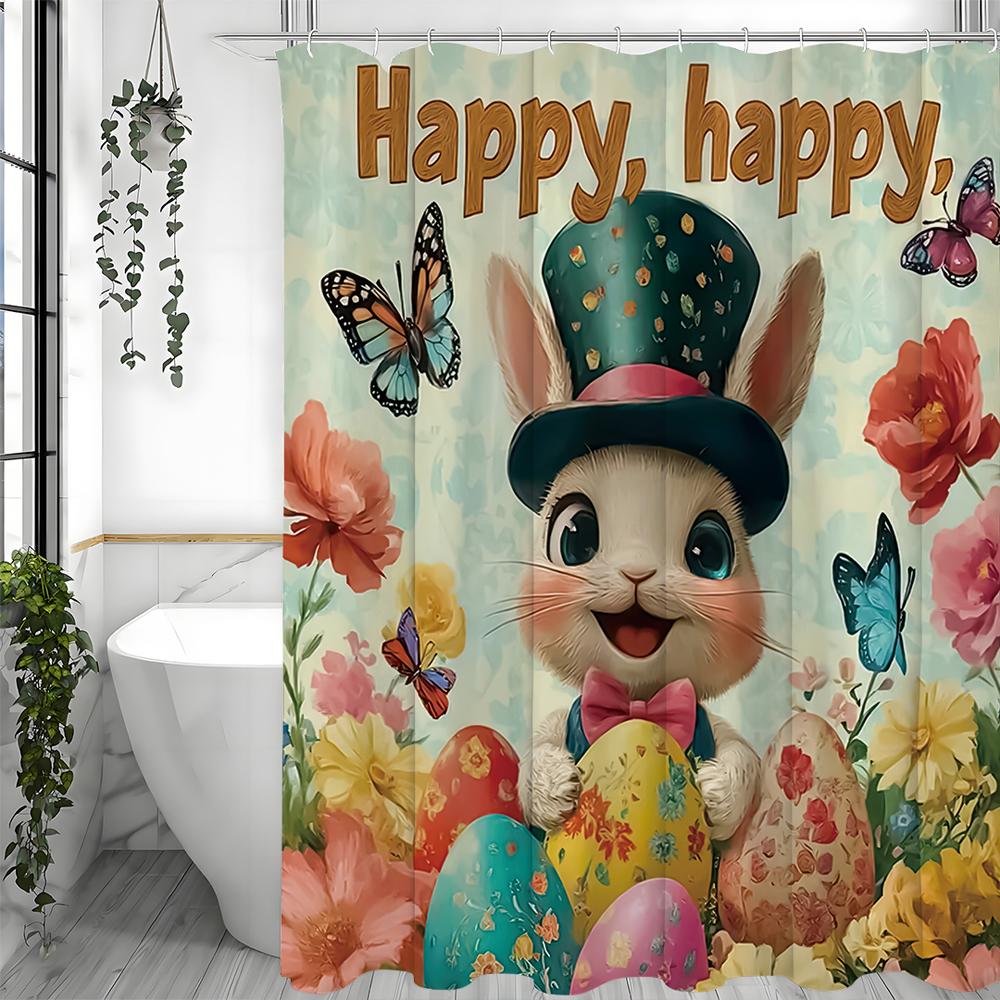 Happy Easter Bunny Eggs Floral Butterfly Shower Curtain, Bathroom Decorative Shower Curtain, Waterproof Shower Curtain with Hook