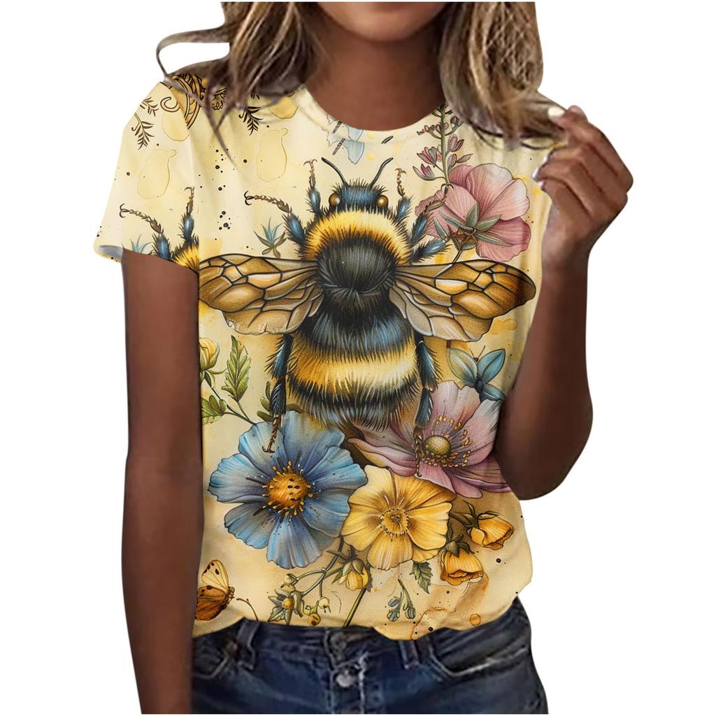 Cute Honey Bee Graphic 3D Print T-Shirts Women's Short Sleeves Elegant T Shirt Streetwear Y2k Harajuku Tees Tops Female Clothing